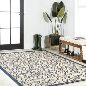 HomeRoots 5' Navy Blue & Beige Geometric Area Rug – Stylish Indoor/Outdoor Decor, Durable & Easy to Clean 702775