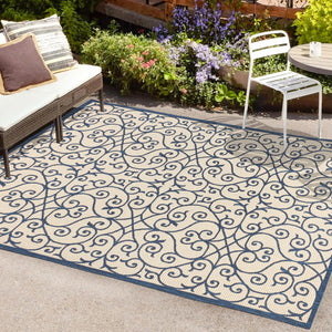 HomeRoots 5' Navy Blue & Beige Geometric Area Rug – Stylish Indoor/Outdoor Decor, Durable & Easy to Clean 702775