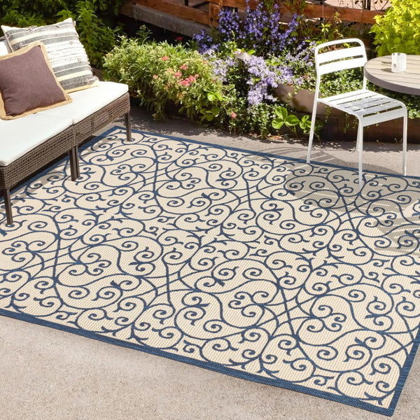 HomeRoots 5' Navy Blue & Beige Geometric Area Rug – Stylish Indoor/Outdoor Decor, Durable & Easy to Clean 702775