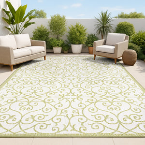 HomeRoots 5' Green and Cream Geometric Indoor Outdoor Area Rug – Durable, Stylish, Easy-Clean Accent for Any Space 702784