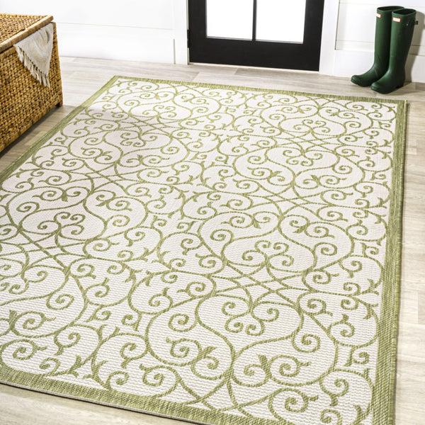 HomeRoots 5' Green and Cream Geometric Indoor Outdoor Area Rug – Durable, Stylish, Easy-Clean Accent for Any Space 702784