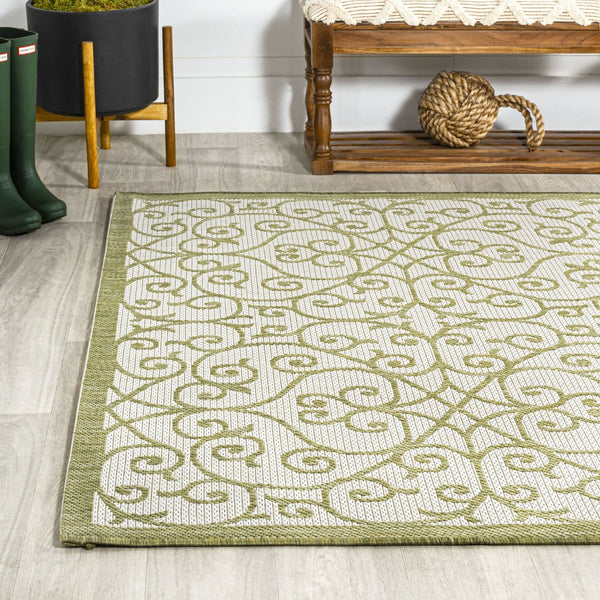 HomeRoots 5' Green and Cream Geometric Indoor Outdoor Area Rug – Durable, Stylish, Easy-Clean Accent for Any Space 702784
