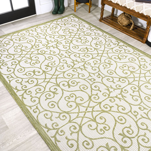 HomeRoots 5' Green and Cream Geometric Indoor Outdoor Area Rug – Durable, Stylish, Easy-Clean Accent for Any Space 702784