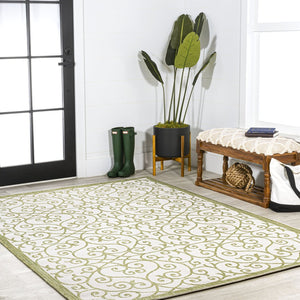 HomeRoots 5' Green and Cream Geometric Indoor Outdoor Area Rug – Durable, Stylish, Easy-Clean Accent for Any Space 702784