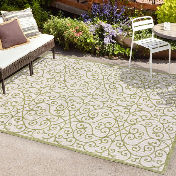 HomeRoots 5' Green and Cream Geometric Indoor Outdoor Area Rug – Durable, Stylish, Easy-Clean Accent for Any Space 702784