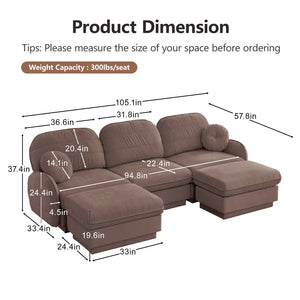 English Elm 105" Chenille U-shaped Sectional Sofa Deep Seat Cloud Couch with Movable Ottoman Rose Dust W714S01779