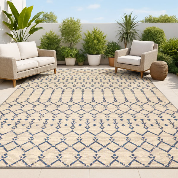 HomeRoots 8' X 10' Beige and Navy Trellis Area Rug – Stylish Indoor/Outdoor Design, Low-Maintenance Comfort! 702801