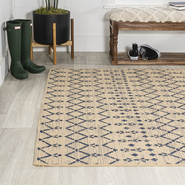 HomeRoots 8' X 10' Beige and Navy Trellis Area Rug – Stylish Indoor/Outdoor Design, Low-Maintenance Comfort! 702801