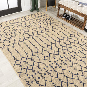 HomeRoots 9' X 12' Trellis Area Rug in Beige and Navy Blue – Stylish, Durable, Indoor/Outdoor Versatility! 702802