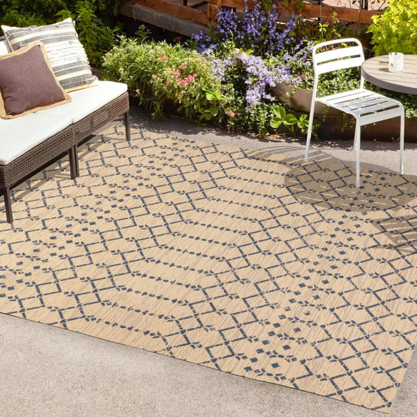 HomeRoots 9' X 12' Trellis Area Rug in Beige and Navy Blue – Stylish, Durable, Indoor/Outdoor Versatility! 702802