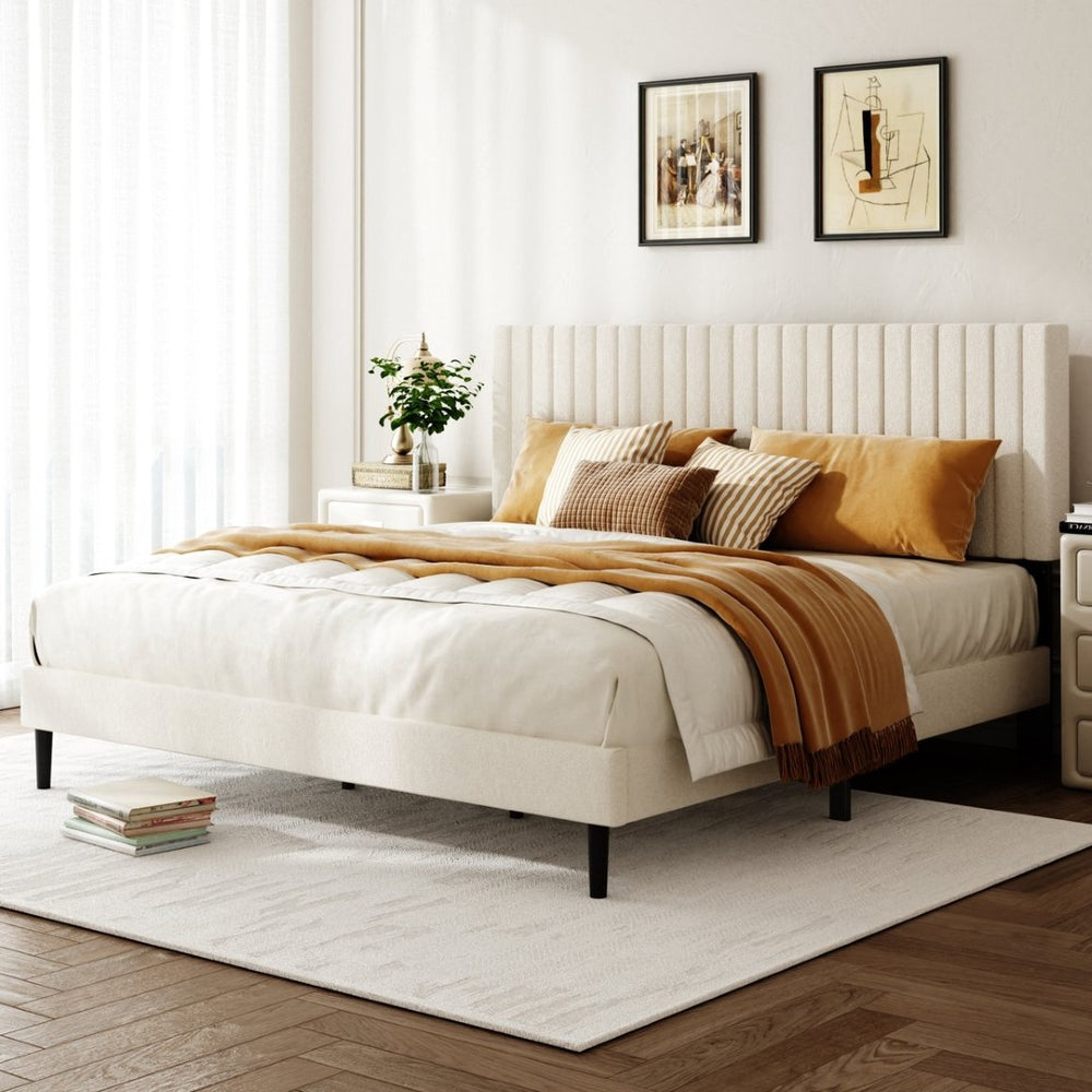 English Elm Queen Velvet Tufted Platform Bed Adjustable Headboard Steel Frame No Box Spring Beige W5239P503297