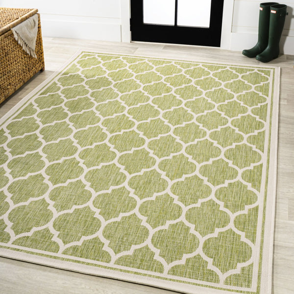 HomeRoots 5' Modern Green and Cream Geometric Area Rug – Stylish, Durable Indoor/Outdoor Design for Any Space 702844