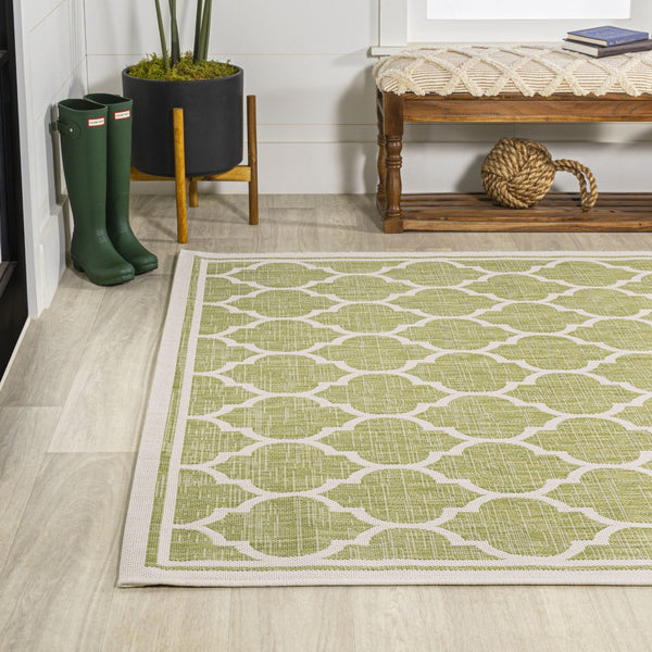 HomeRoots 5' Modern Green and Cream Geometric Area Rug – Stylish, Durable Indoor/Outdoor Design for Any Space 702844
