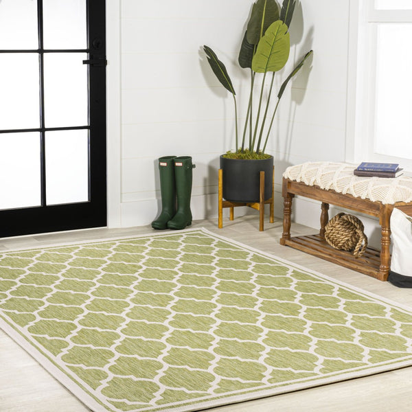 HomeRoots 5' Modern Green and Cream Geometric Area Rug – Stylish, Durable Indoor/Outdoor Design for Any Space 702844