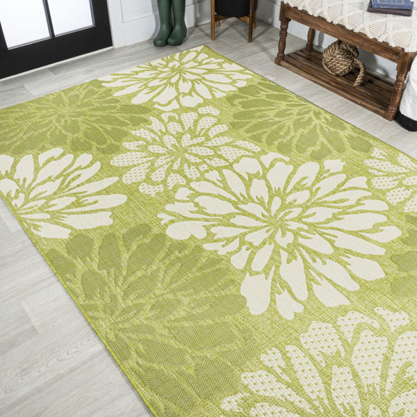 HomeRoots 8' x 10' Green and Cream Floral Area Rug - Elegant Indoor/Outdoor Design for Timeless Charm & Durability 702856