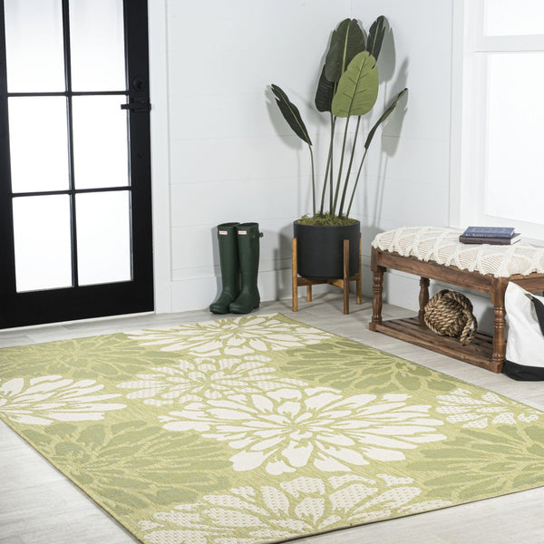 HomeRoots 9' X 12' Elegant Green and Cream Floral Area Rug - Indoor/Outdoor, Durable, Easy Care, Timeless Style 702857