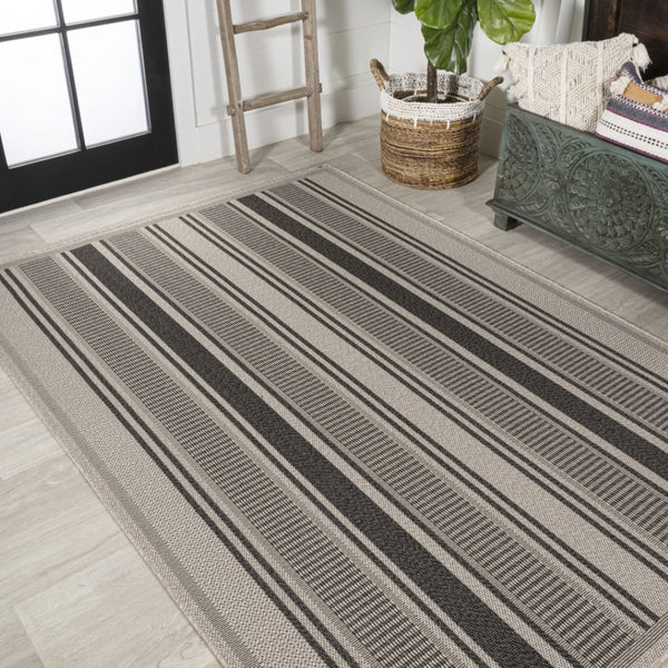 HomeRoots 5' Versatile Black and Beige Striped Indoor-Outdoor Area Rug for Stylish Living Spaces & Durability 702882