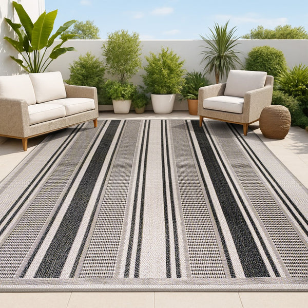 HomeRoots 8' X 10' Black and Beige Striped Area Rug - Durable, Stylish, Versatile for Indoor & Outdoor Spaces 702883