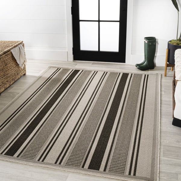 HomeRoots 8' X 10' Black and Beige Striped Area Rug - Durable, Stylish, Versatile for Indoor & Outdoor Spaces 702883