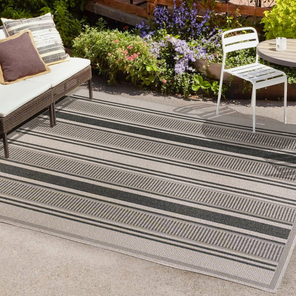 HomeRoots 8' X 10' Black and Beige Striped Area Rug - Durable, Stylish, Versatile for Indoor & Outdoor Spaces 702883
