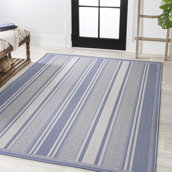 HomeRoots 8' X 10' Coastal Blue and Gray Striped Indoor-Outdoor Area Rug for Stylish Spaces & Easy Care 702886
