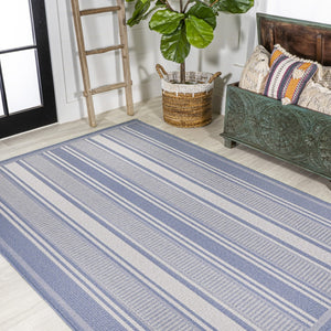 HomeRoots 8' X 10' Coastal Blue and Gray Striped Indoor-Outdoor Area Rug for Stylish Spaces & Easy Care 702886