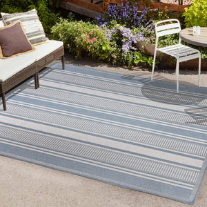 HomeRoots 8' X 10' Coastal Blue and Gray Striped Indoor-Outdoor Area Rug for Stylish Spaces & Easy Care 702886