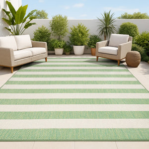 HomeRoots 8' Green and Cream Striped Area Rug - Durable Indoor/Outdoor Design, Fade-Resistant, Easy Care 702892
