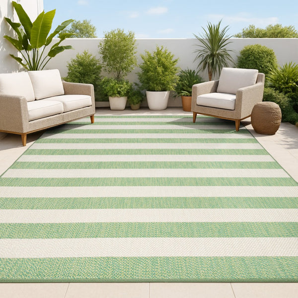 HomeRoots 8' Green and Cream Striped Area Rug - Durable Indoor/Outdoor Design, Fade-Resistant, Easy Care 702892
