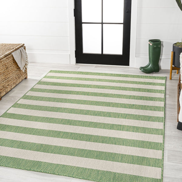 HomeRoots 8' Green and Cream Striped Area Rug - Durable Indoor/Outdoor Design, Fade-Resistant, Easy Care 702892