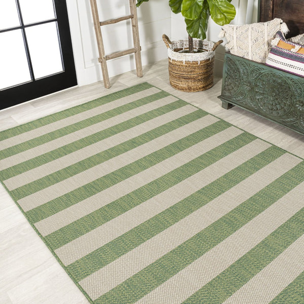 HomeRoots 8' Green and Cream Striped Area Rug - Durable Indoor/Outdoor Design, Fade-Resistant, Easy Care 702892