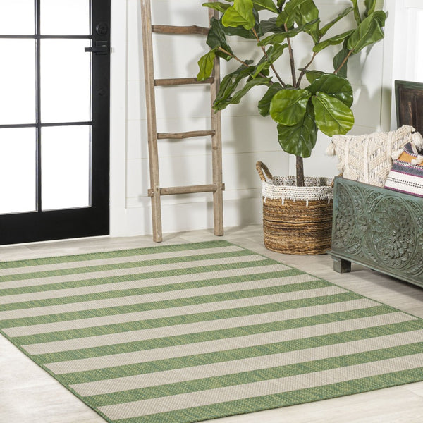 HomeRoots 8' Green and Cream Striped Area Rug - Durable Indoor/Outdoor Design, Fade-Resistant, Easy Care 702892