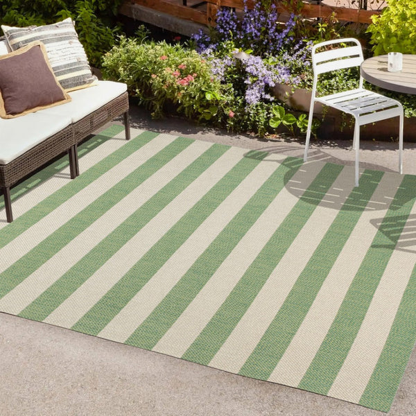 HomeRoots 8' Green and Cream Striped Area Rug - Durable Indoor/Outdoor Design, Fade-Resistant, Easy Care 702892
