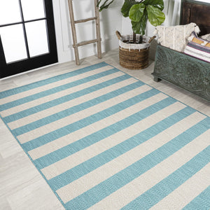 HomeRoots 5' Aqua and Cream Striped Area Rug - Coastal Indoor/Outdoor Décor with Durable, Low-Maintenance Design 702894