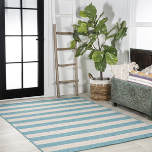 HomeRoots 5' Aqua and Cream Striped Area Rug - Coastal Indoor/Outdoor Décor with Durable, Low-Maintenance Design 702894