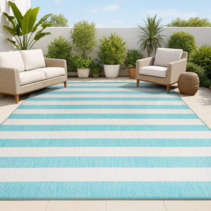 HomeRoots 8' Aqua & Cream Striped Area Rug – Durable Indoor/Outdoor Design, Easy Care, Perfect for High-Traffic Areas 702895
