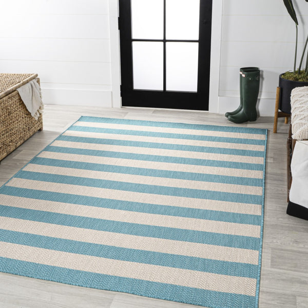 HomeRoots 8' Aqua & Cream Striped Area Rug – Durable Indoor/Outdoor Design, Easy Care, Perfect for High-Traffic Areas 702895
