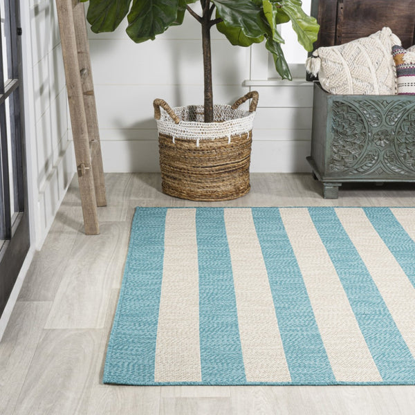 HomeRoots 8' Aqua & Cream Striped Area Rug – Durable Indoor/Outdoor Design, Easy Care, Perfect for High-Traffic Areas 702895