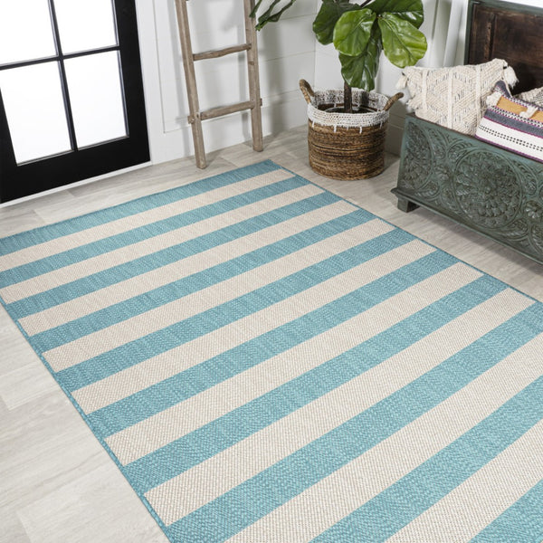 HomeRoots 8' Aqua & Cream Striped Area Rug – Durable Indoor/Outdoor Design, Easy Care, Perfect for High-Traffic Areas 702895