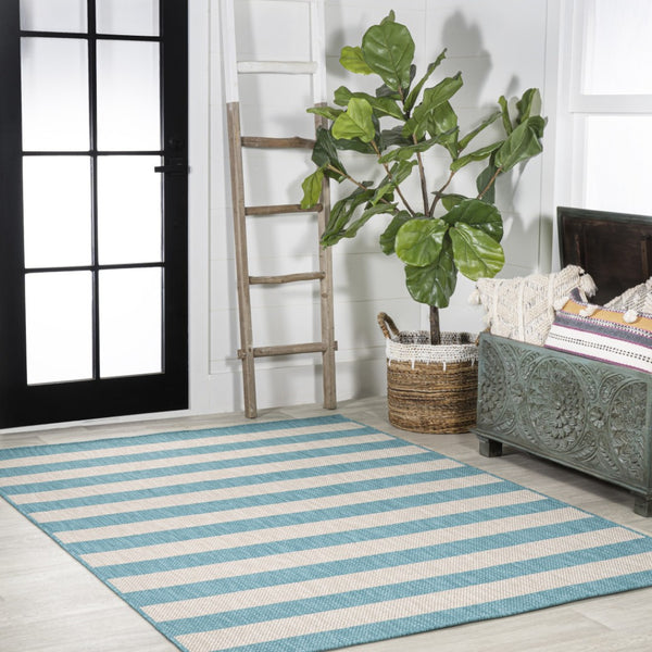 HomeRoots 8' Aqua & Cream Striped Area Rug – Durable Indoor/Outdoor Design, Easy Care, Perfect for High-Traffic Areas 702895