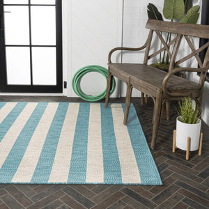 HomeRoots 8' Aqua & Cream Striped Area Rug – Durable Indoor/Outdoor Design, Easy Care, Perfect for High-Traffic Areas 702895