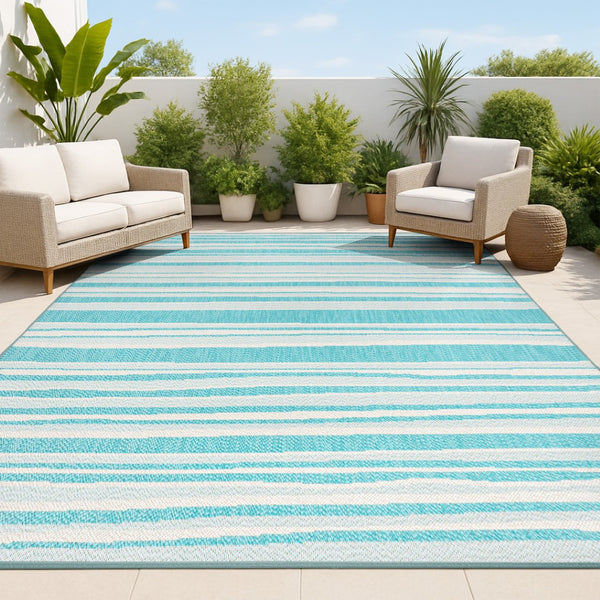 HomeRoots 5' Aqua and Cream Striped Area Rug – Versatile Indoor-Outdoor Design for Coastal Style and Durability 702901