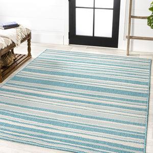 HomeRoots 5' Aqua and Cream Striped Area Rug – Versatile Indoor-Outdoor Design for Coastal Style and Durability 702901