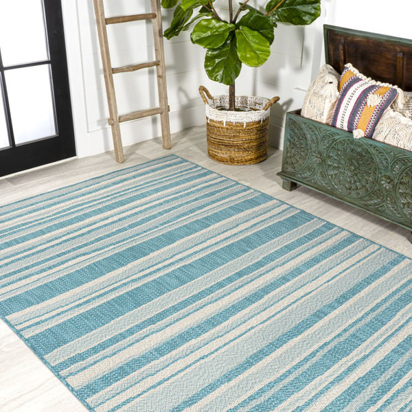 HomeRoots 5' Aqua and Cream Striped Area Rug – Versatile Indoor-Outdoor Design for Coastal Style and Durability 702901
