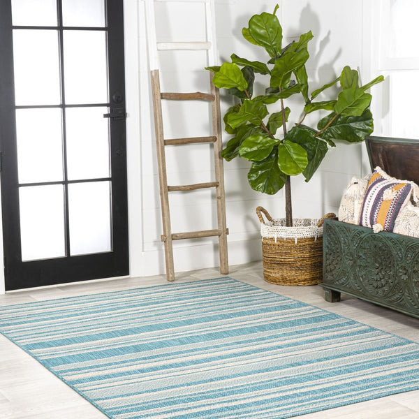 HomeRoots 5' Aqua and Cream Striped Area Rug – Versatile Indoor-Outdoor Design for Coastal Style and Durability 702901