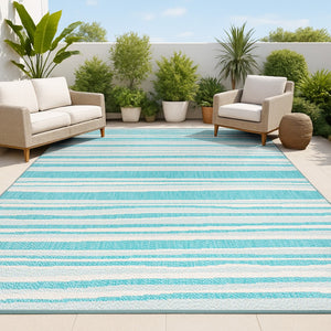HomeRoots 8' Aqua and Cream Striped Area Rug - Stylish Indoor/Outdoor Design for Coastal Living Spaces! 702902