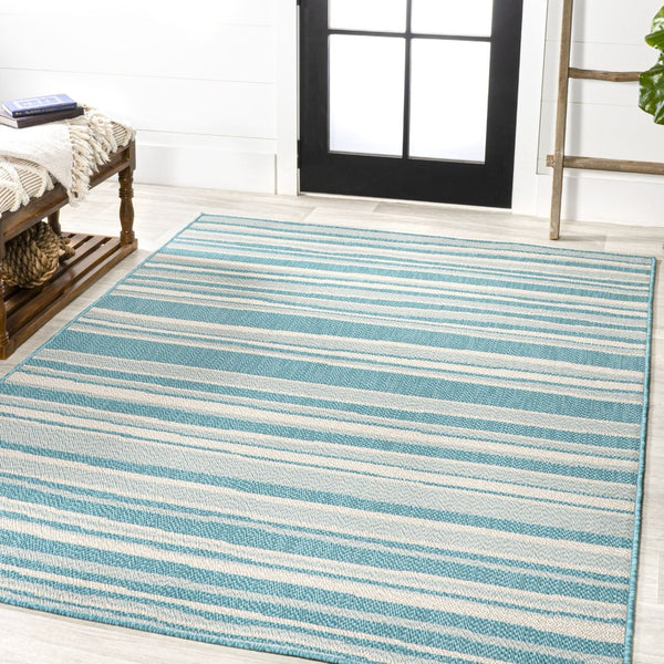 HomeRoots 8' Aqua and Cream Striped Area Rug - Stylish Indoor/Outdoor Design for Coastal Living Spaces! 702902