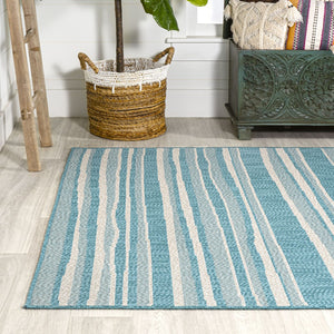 HomeRoots 8' Aqua and Cream Striped Area Rug - Stylish Indoor/Outdoor Design for Coastal Living Spaces! 702902