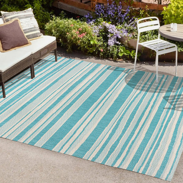 HomeRoots 8' Aqua and Cream Striped Area Rug - Stylish Indoor/Outdoor Design for Coastal Living Spaces! 702902