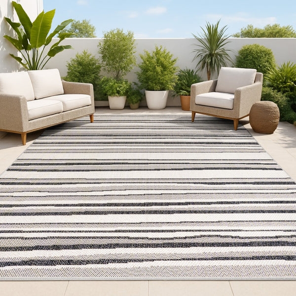 HomeRoots 8' Indoor Outdoor Area Rug - Stylish Cream & Dark Gray Stripes for Living Spaces, Patios & More! 702908